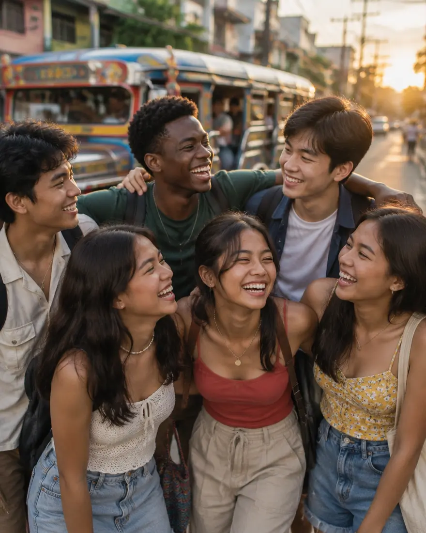 A barkada of friends laughing together on a Manila street